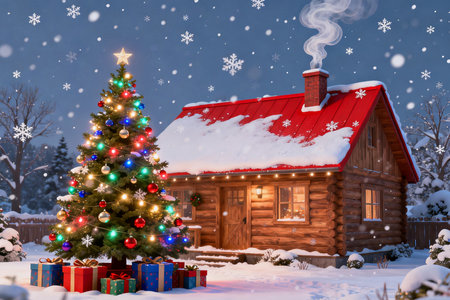 3D rendering of a wooden house with a Christmas tree and giftsの素材