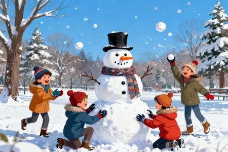 Happy family making snowman in winter park. Winter holidays concept.の素材