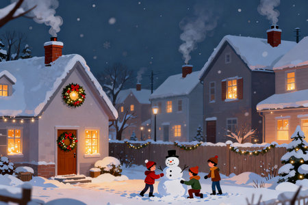 Winter village with snowman and children. Christmas and New Year background.の素材