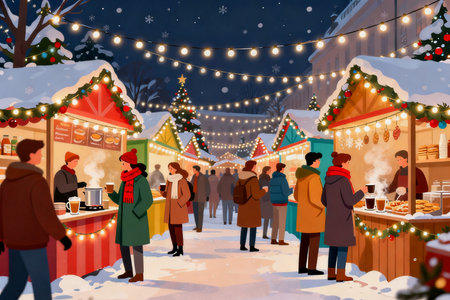 Christmas market with people and stalls in the city at night. Vector illustration.の素材