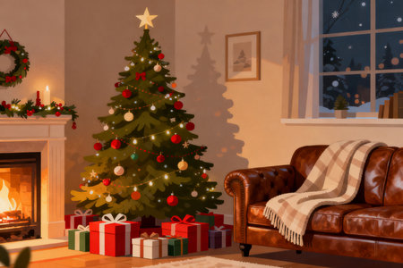 3d illustration of a living room with a Christmas tree and presentsの素材