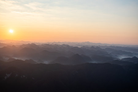 Sunrise over the mountain range, Chiang Mai, Thailand.の写真素材