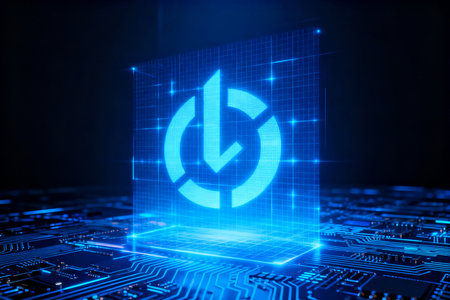 3d rendering of computer circuit board with blue update icon on itの素材