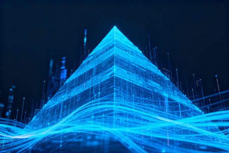 Abstract 3d rendering of a pyramid made of glowing lines and dots.の素材