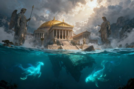 Athens, Greece. Ancient Greek temple in the sea. 3D renderingの素材