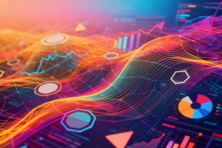 Futuristic interface with charts and graphs. 3d rendering toned image double exposureの素材