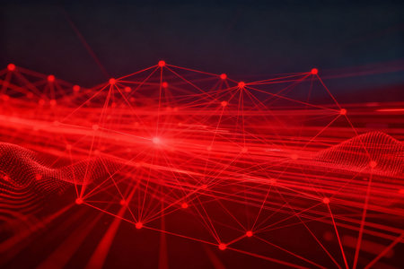 3d rendering of abstract red digital technology background. Network connection structure.の素材