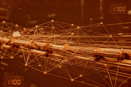 Network connection structure on server room background. Technology and communication concept. 3D Renderingの素材