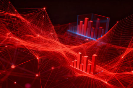 abstract 3d illustration of business graph over dark background with red lightsの素材