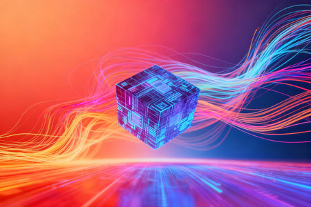 Abstract 3d rendering of cube with glowing lines. Futuristic background.の素材