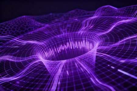 Abstract 3d rendering of digital grid. Futuristic shape with glowing particles.の素材
