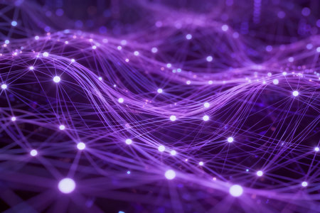 Purple abstract background with glowing lines and dots. 3d renderingの素材