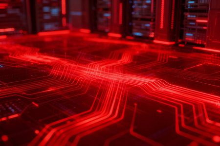 Futuristic server room with red circuit board. 3d renderingの素材
