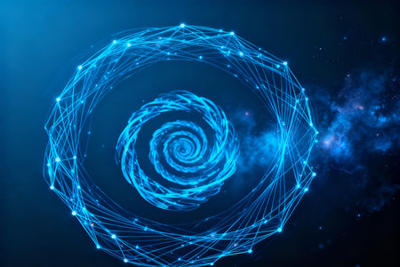 Spiral of glowing dots and lines on dark background. 3D renderingの素材