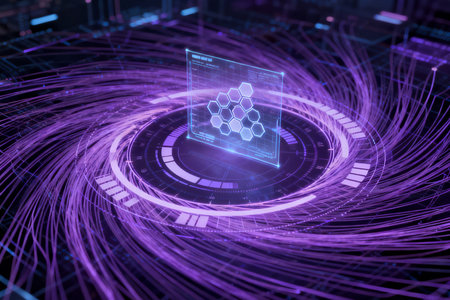 3D rendering of a technological background with a binary code and a blue networkの素材