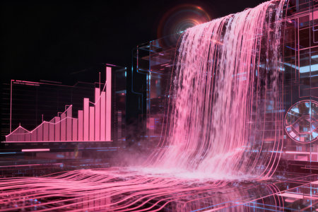 3d rendering of a waterfall in the city with glowing lights.の素材