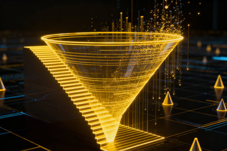 3d rendering of a funnel on the background of a luminous gridの素材