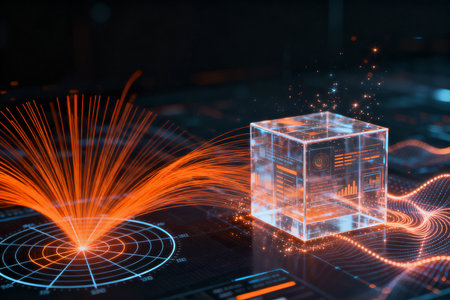 3d rendering cube with glowing wireframe on dark background. Network conceptの素材