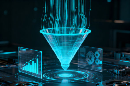 Futuristic funnel with glowing blue lines on dark background 3D renderingの素材