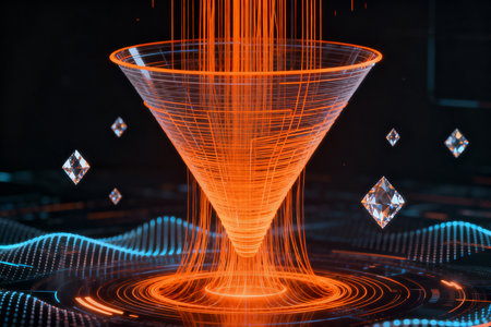 Futuristic funnel with glowing lines on dark background. 3d renderingの素材