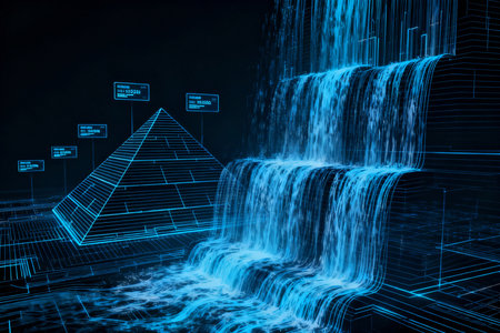 Abstract 3d rendering of a pyramids and a stream of waterの素材
