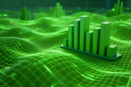 3d illustration of green graph over green background, business and financial conceptの素材