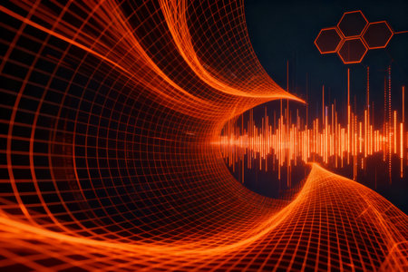 abstract technology background, 3d illustration, glowing lines and gridの素材