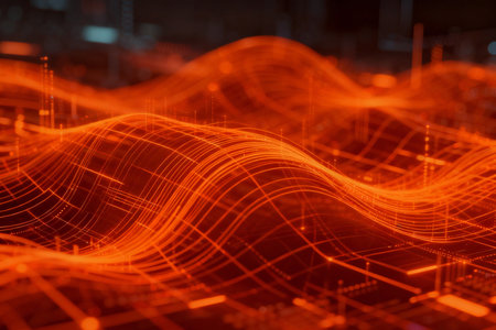 Abstract technology background. Big data visualization. Futuristic wave of glowing particles. 3D renderingの素材