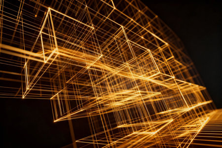 abstract 3d illustration of geometric shape with glowing lines in the darkの素材