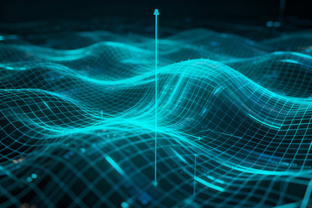 3d rendering of abstract digital wireframe landscape with blue grid. Technology and data conceptの素材