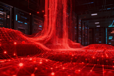 Futuristic server room 3D rendering with red glowing lines.の素材