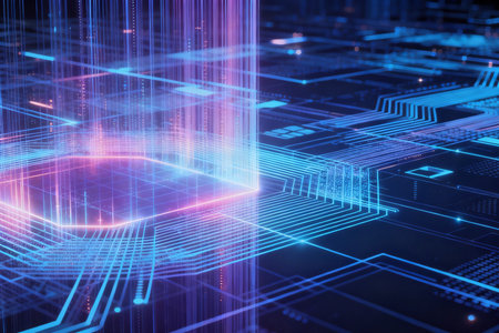 Abstract technology background with circuit board and glowing lines. 3D Renderingの素材