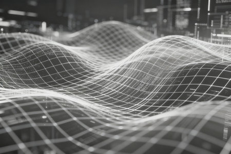 Data technology abstract futuristic illustration. Wave of particles. 3D renderingの素材