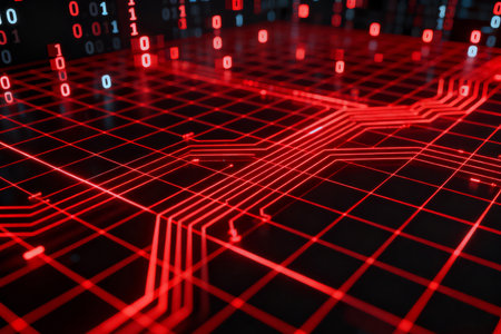 Abstract red circuit board background, 3d render. Computer digital drawing.の素材