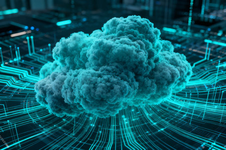 3D rendering of an abstract cloud with a circuit board in the backgroundの素材