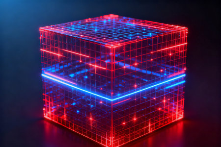Abstract glowing cube with red and blue neon lights. 3D Renderingの素材