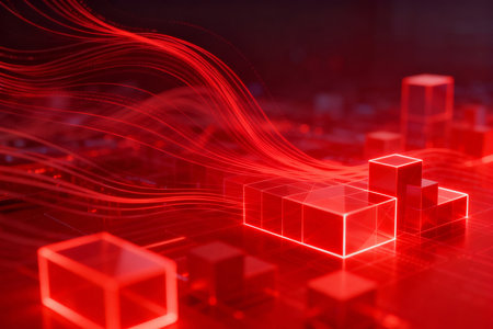 3d rendering of abstract background with cubes and lines in red lightの素材