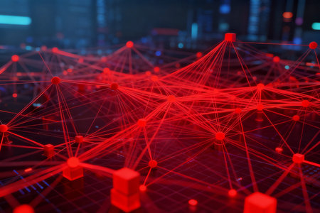 Red network structure on dark background. Network concept. 3D Renderingの素材
