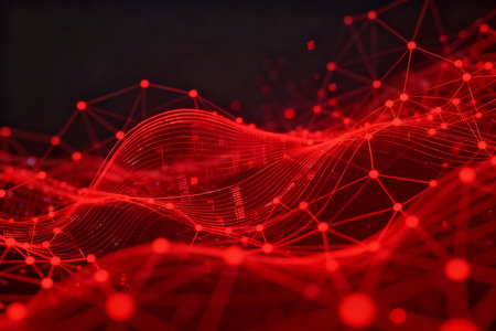 Abstract red polygonal background with connecting dots and lines. Connection structure. Big data visualization.の素材