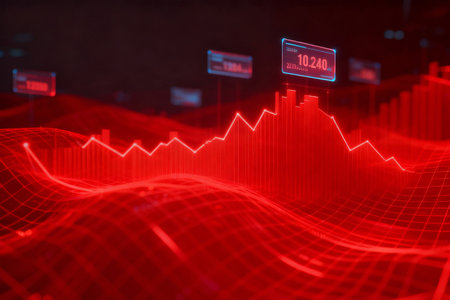 financial chart on red abstract background. 3d rendering toned image double exposureの素材