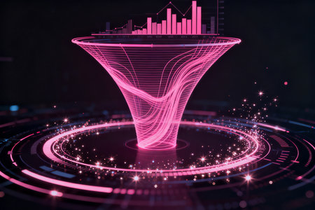 Futuristic funnel with glowing graphs and diagrams on dark background. 3D Renderingの素材