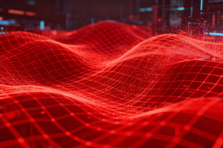 3D rendering of a red digital sound wave on a dark backgroundの素材
