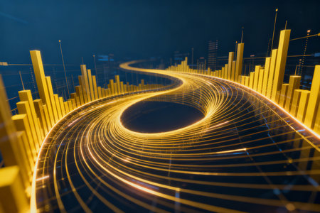 abstract 3d illustration of data flow on dark background with glowの素材