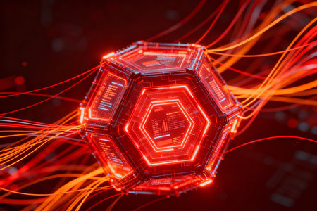 3d illustration of abstract technology background with hexagonal shape and glowing linesの素材