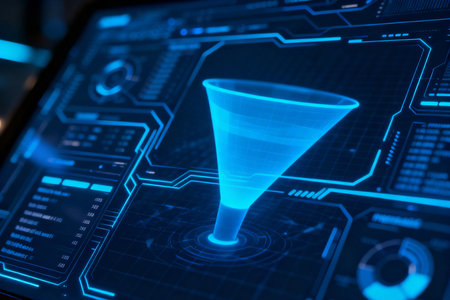 Fluorescent blue funnel on a digital screen. 3d renderingの素材