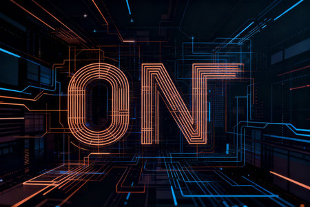 3D rendering of an open sign on a futuristic background. Futuristic interface.の素材