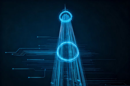 Abstract glowing wireframe city. Technology concept. 3D Renderingの素材