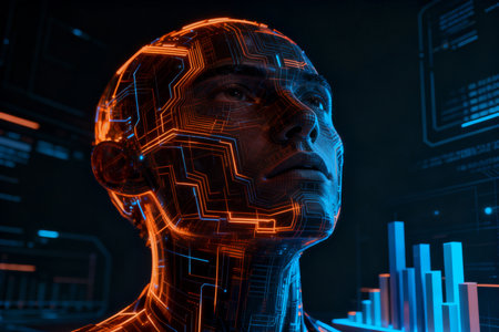 3D rendering of artificial intelligence concept with robot head and circuit boardの素材