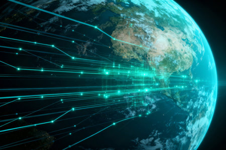 Connections system over the world. 3D illustration with detailed planet surface.の素材