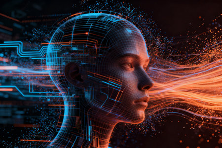 3D rendering of a female cyborg head with digital circuit backgroundの素材